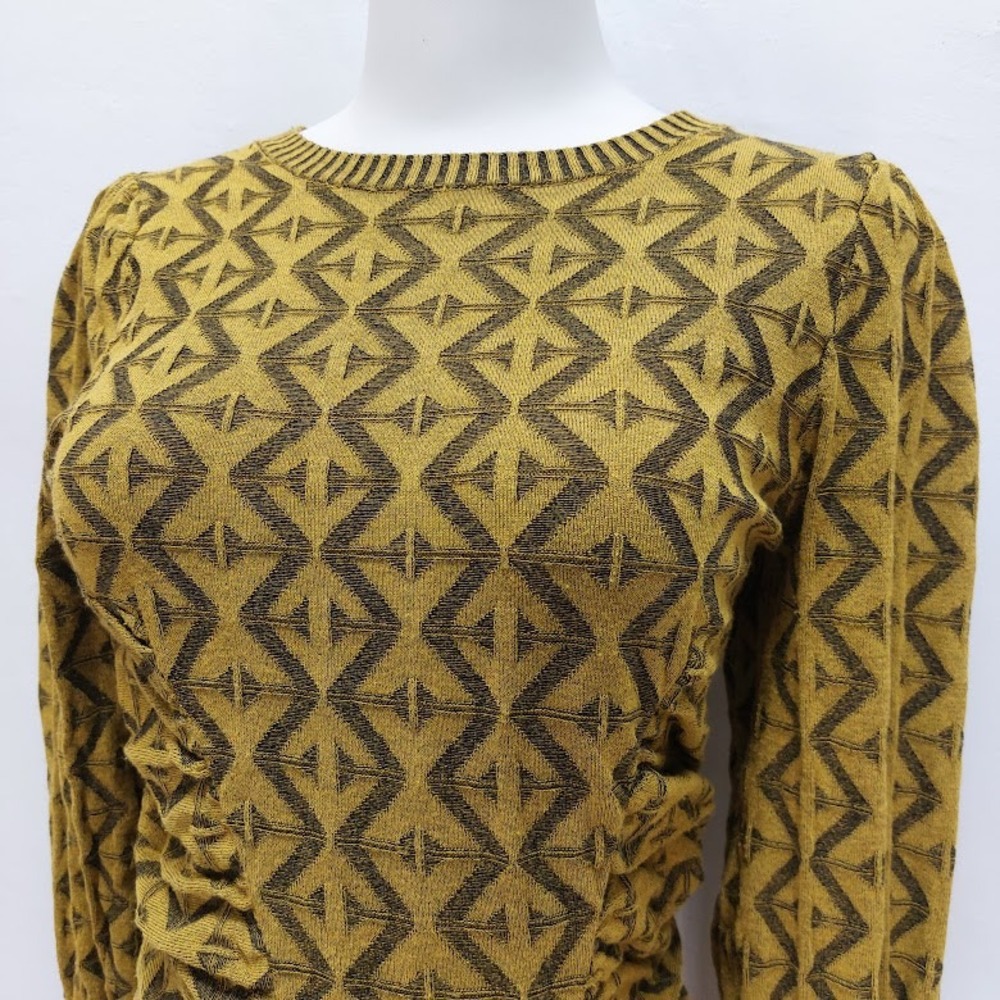Zara Knit Dress Women's Small Mustard Geometric Ruched Puff Sleeve Mini Retro - Picture 5 of 9